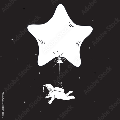 Cute astronaut flies tied to shaped balloon in the shape of a star. Vector illustration