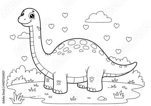 Fototapeta Naklejka Na Ścianę i Meble -  Cute cartoon dinosaur standing in a field surrounded by hearts