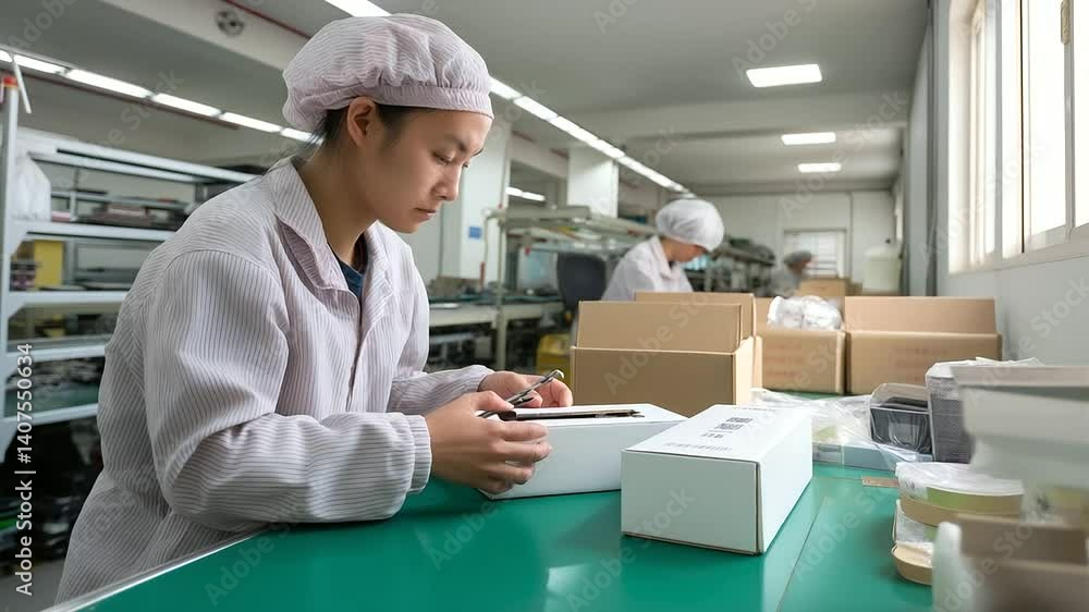 Worker packaging electronics for export in a factory Worker packaging electronics for export in a factory