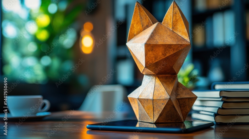 Fototapeta premium Geometric Wooden Fox Sculpture on Tablet in Modern Living Space