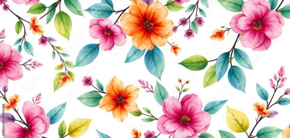 Obraz premium Vibrant watercolor floral branches and leaves, seamlessly repeating on white, abstract, fabric