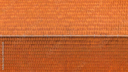 Obraz na płótnie Aerial zenithal view of a roof with red tiles. w salonie