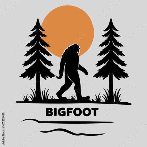 Bigfoot Silhouette Walking Between Pine Trees Orange Circle T-Shirt.