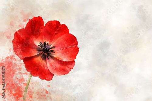 Single bright red poppy watercolor on artistic background, for memorials and rememberance days