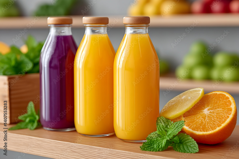 Three glass bottles of fruit juice in a market setting Three glass bottles of fruit juice in a market setting