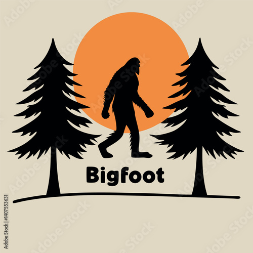 Bigfoot Silhouette Walking Between Pine Trees Orange Circle T-Shirt.