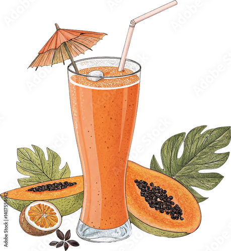 Fresh Papaya juice, a cold and healthy fruit beverage in a glass for a sweet breakfast.
