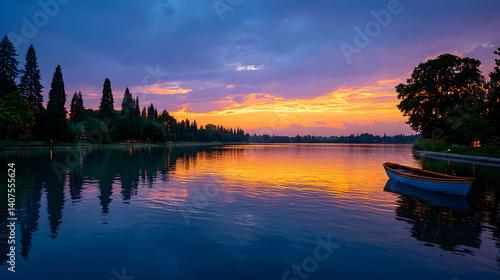 Serene sunset over calm lake with trees and a small boat, reflecting vibrant colors in the water