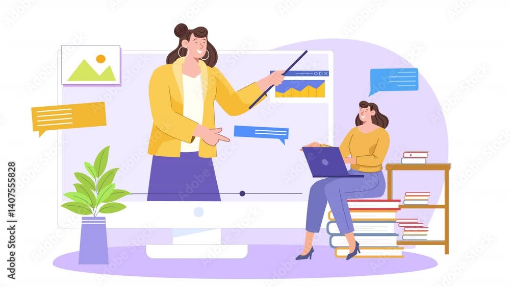 Online Learning Girl 2D Flat Character Animation Scene Online Learning Girl 2D Flat Character Animation Scene