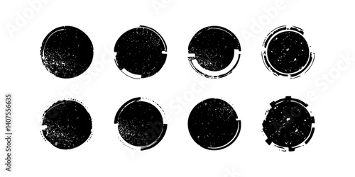 Black grunge shapes elements with scratches and abrasions. Tech circle shape.