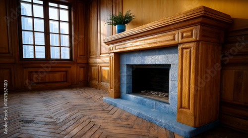 Wallpaper Mural Sunlit room with wooden walls, herringbone floors, and a fireplace Torontodigital.ca