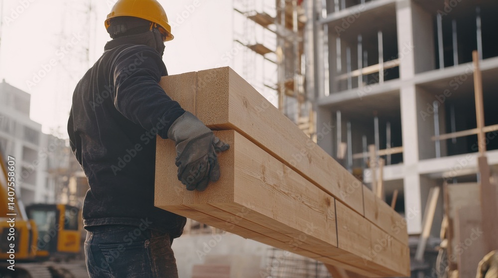 Fototapeta premium Construction worker lifting heavy materials at a building site. Featuring strength and precision