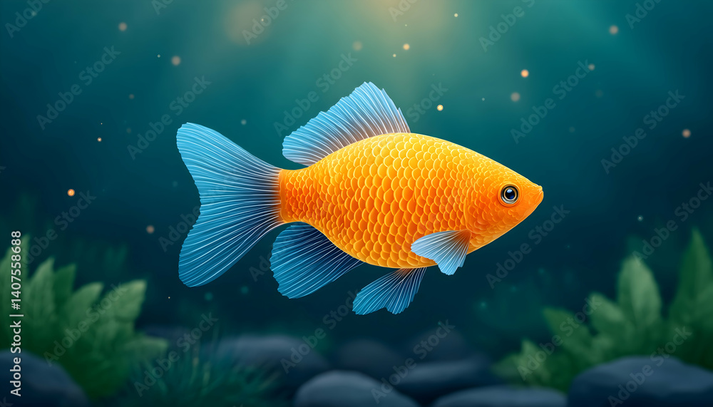 Fototapeta premium Vibrant orange fish with blue fins swims in underwater scene
