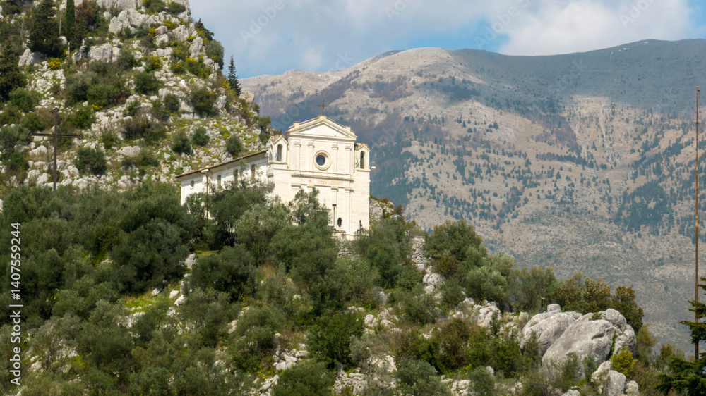 Aerial view of the church of Santa Maria delle Grazie, a religious building in Sora. It is a small church built on the peak of a mountain.