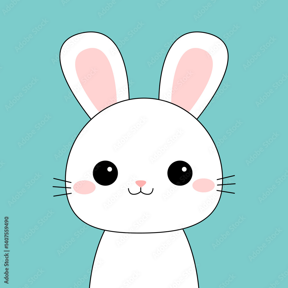 Obraz premium Cute white rabbit bunny hare face head contour silhouette. Pink cheeks, ears. Kawaii cartoon funny baby character. Happy Easter. Valentines Day. Greeting card. Blue background. Flat design. Vector