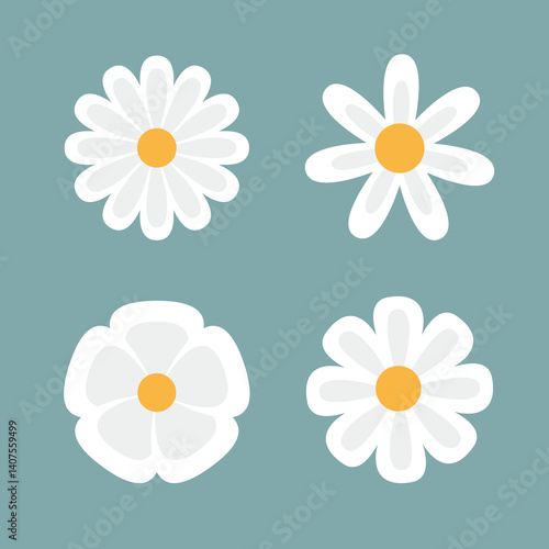 White chamomile icon. Daisy Camomile set. Cute round flower head plant collection. Double petal. Love card symbol. Growing concept. Simple flat design. Childish style. Blue background. Vector
