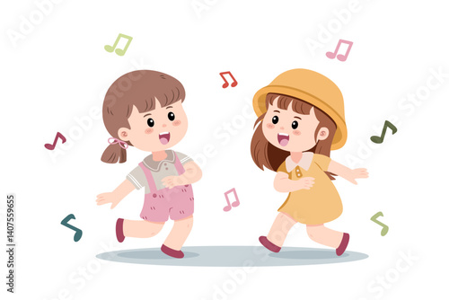 Two joyful little girls dance to the rhythm of music, their movements as vibrant as the colorful notes that surround them. Vector illustration isolated on a white background.