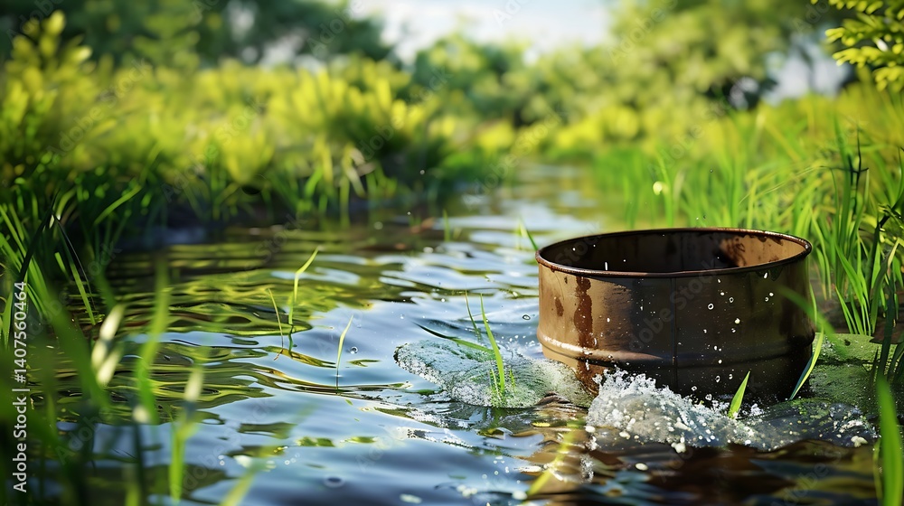 Rusty Metal Barrel Floating in Clear Stream Surrounded by Lush Greenery and Reflections of Nature Rusty Metal Barrel Floating in Clear Stream Surrounded by Lush Greenery and Reflections of Nature