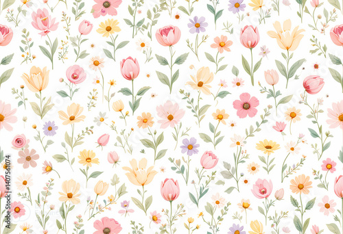 Wallpaper Mural Seamless pattern with colorful tulips repeating pattern on a white background Torontodigital.ca