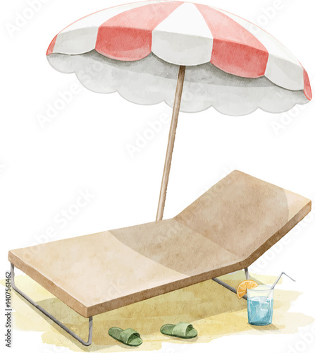 Sun lounger with parasol umbrella on the sandy beach isolated on white background. Watercolor hand drawn illustration sketch vector