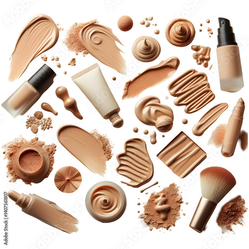 collection of Creamy light beige foundation smudge on white background