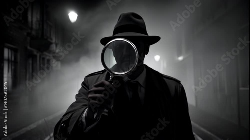 detective with magnifying glass, retro video, man in coat and hat near car, monochrome