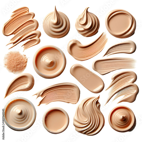 collection of Creamy light beige foundation smudge on white background