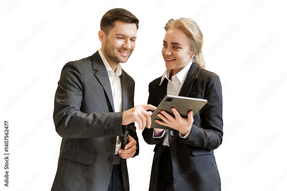 Business Professionals Engaged in Lively Discussion While Reviewing Data on a Tablet in a Modern Office Business Professionals Engaged in Lively Discussion While Reviewing Data on a Tablet in a Modern Office
