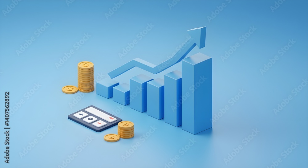 Generative AI, 3D isometric style, economic growth chart, step-style graph visualizing company profit increase Generative AI, 3D isometric style, economic growth chart, step-style graph visualizing company profit increase