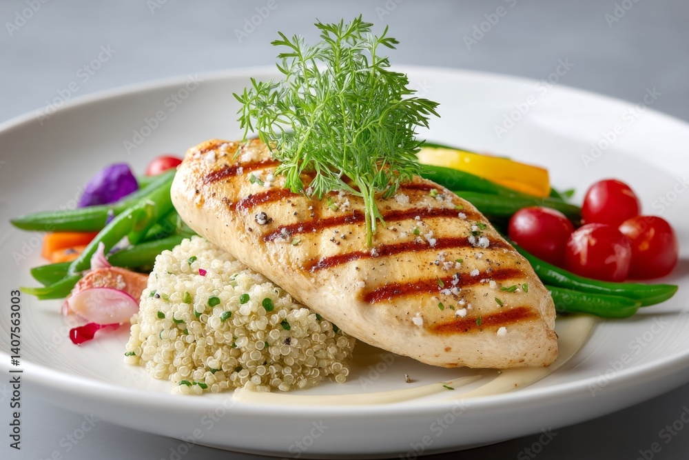 A vibrant plate filled with grilled chicken, quinoa, and steamed vegetables A vibrant plate filled with grilled chicken, quinoa, and steamed vegetables