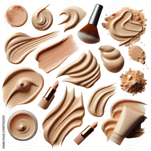 collection of Creamy light beige foundation smudge on white background