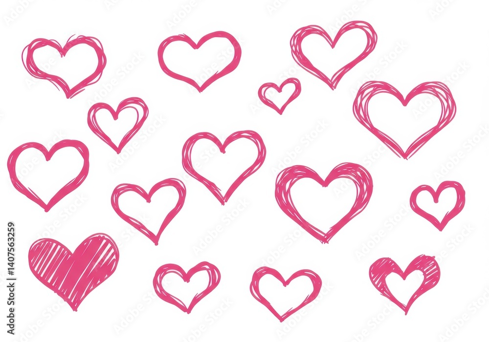 A collection of pink heart doodles scattered on a white background creating a playful design pattern A collection of pink heart doodles scattered on a white background creating a playful design pattern