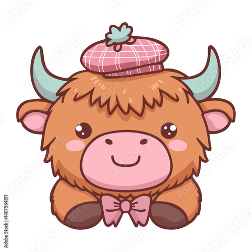Adorable Highland Cow Cartoon Mascot with Beret and Bow Tie in Kawaii Style – Cute Scottish Highland Cattle Character for Kids and Farm-Themed Designs

