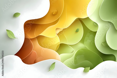 Abstract autumnal paper art with layered, flowing shapes and green leaves