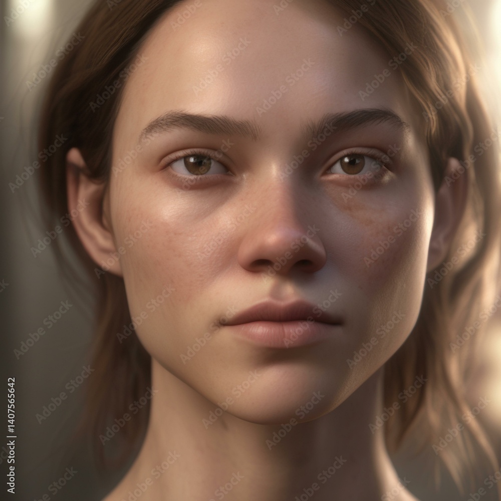 Fototapeta premium A highly detailed, hyper-realistic close-up portrait of an AI-generated human face. This digital artwork features lifelike skin textures, expressive eyes, and natural lighting.