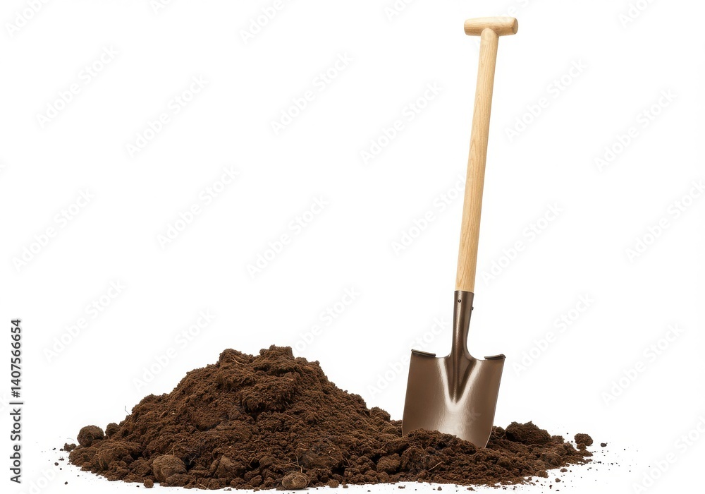 A shovel with a wooden handle resting in a pile of dark brown soil on a white background scene view A shovel with a wooden handle resting in a pile of dark brown soil on a white background scene view