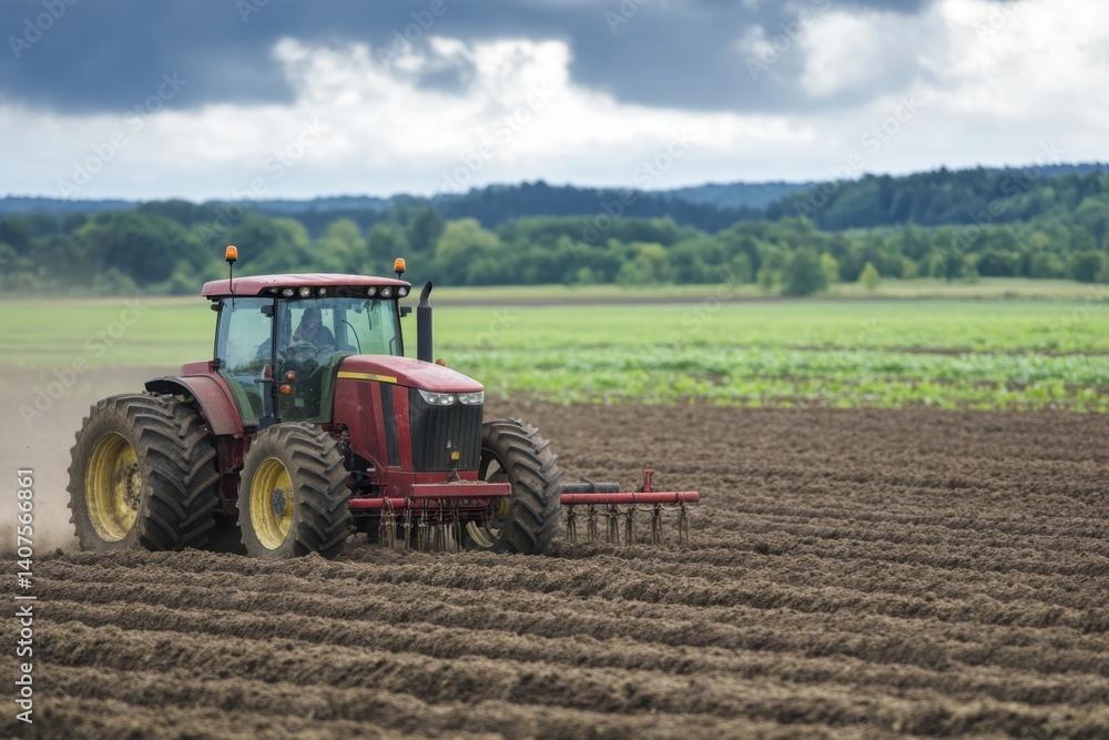 Tractors cultivating soil in a vast agricultural field under a cloudy sky Tractors cultivating soil in a vast agricultural field under a cloudy sky