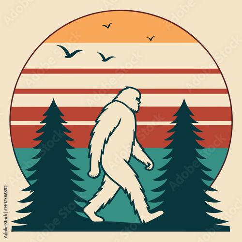 Bigfoot Walking in Forest Retro Sunset with Birds T-Shirt.