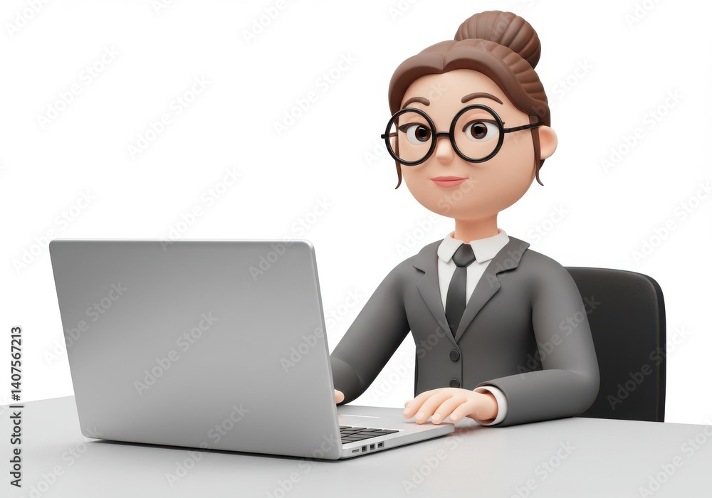Cartoon businesswoman in suit working on a laptop with a white background in a studio shot Cartoon businesswoman in suit working on a laptop with a white background in a studio shot