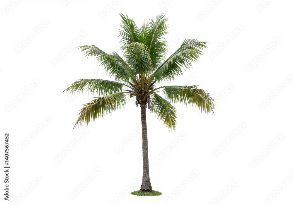 Obraz premium A single palm tree with green fronds and a tall trunk isolated against a white background view