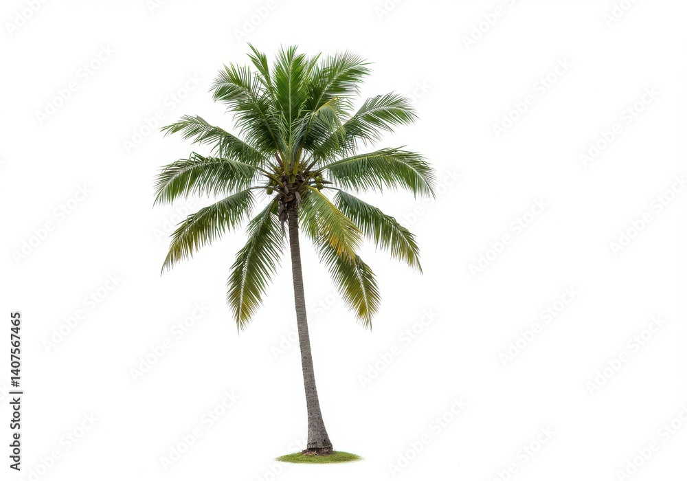 Obraz premium A single coconut palm tree with green fronds isolated on a plain white background in a studio shot