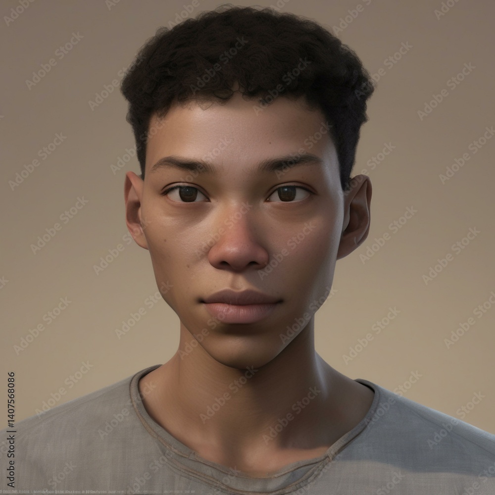 Obraz premium A highly detailed, hyper-realistic close-up portrait of an AI-generated human face. This digital artwork features lifelike skin textures, expressive eyes, and natural lighting.