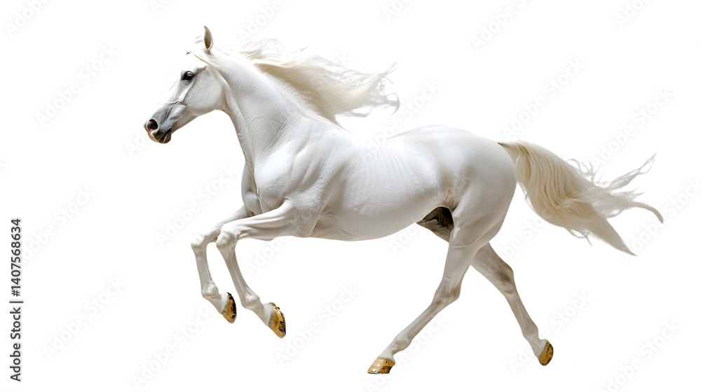 Fototapeta premium Elegant White Horse Galloping on Isolated White Background for Equestrian Designs