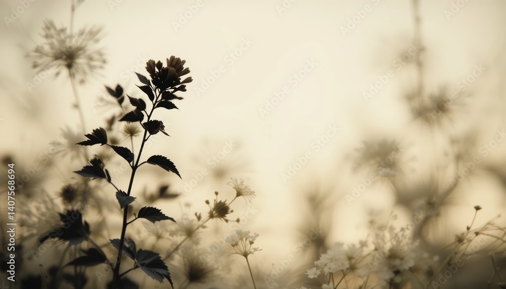 Obraz premium Serene flowering plants in a softly lit natural landscape capturing the essence of tranquility and beauty outdoor photography minimalist perspective