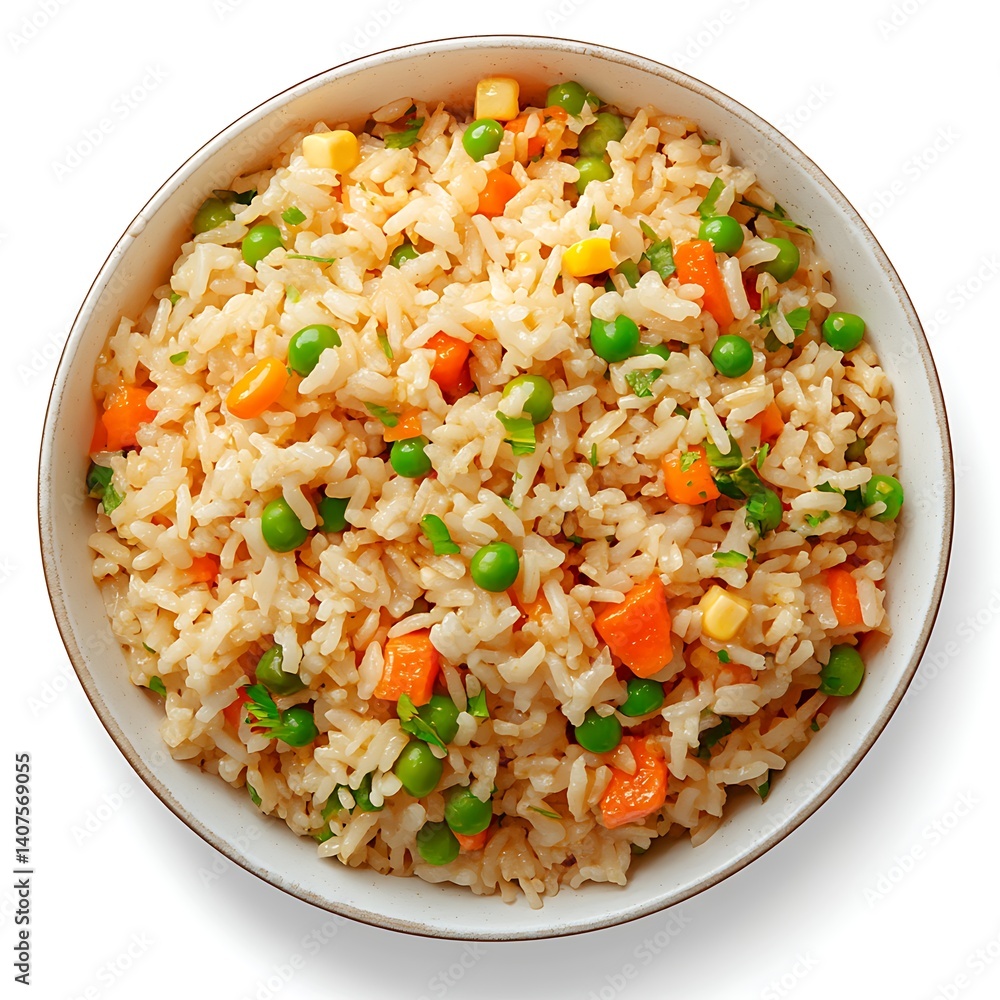 A bowl full with fried rice, colorful vegetables such as carrots and green peas on top A bowl full with fried rice, colorful vegetables such as carrots and green peas on top