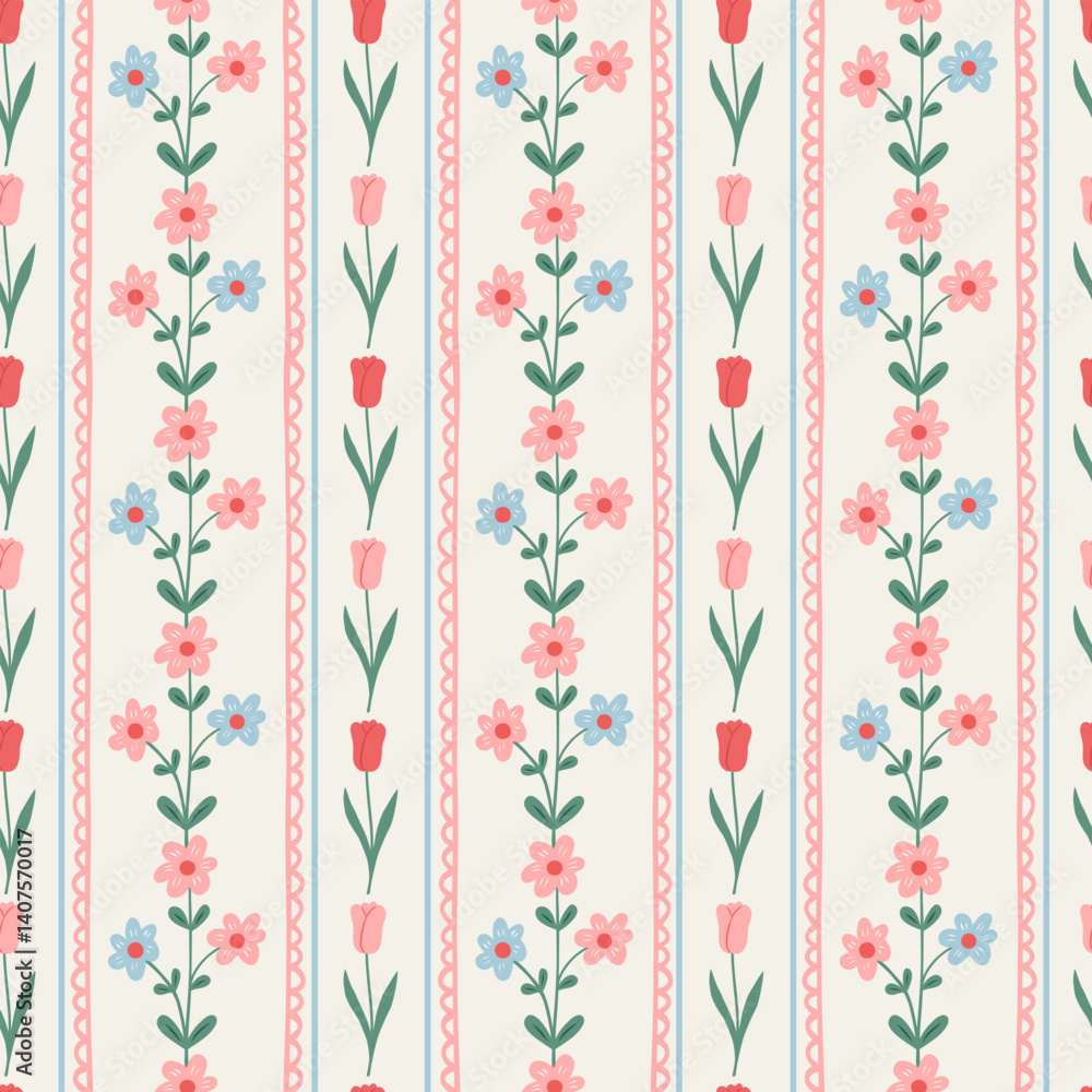 Floral seamless striped pattern with hand drawn beautiful flowers, garden blooming. Spring summer background. Vintage trendy print. Cottage core aesthetic. Vector illustration.