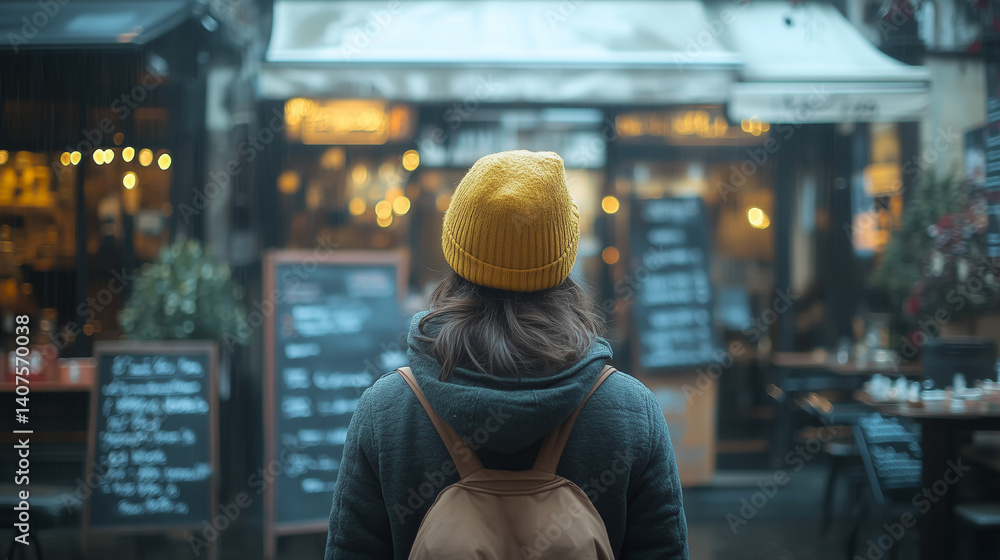 Person wearing a yellow beanie stands in front of a cozy cafe with outdoor seating in a rainy urban setting during twilight hours Person wearing a yellow beanie stands in front of a cozy cafe with outdoor seating in a rainy urban setting during twilight hours