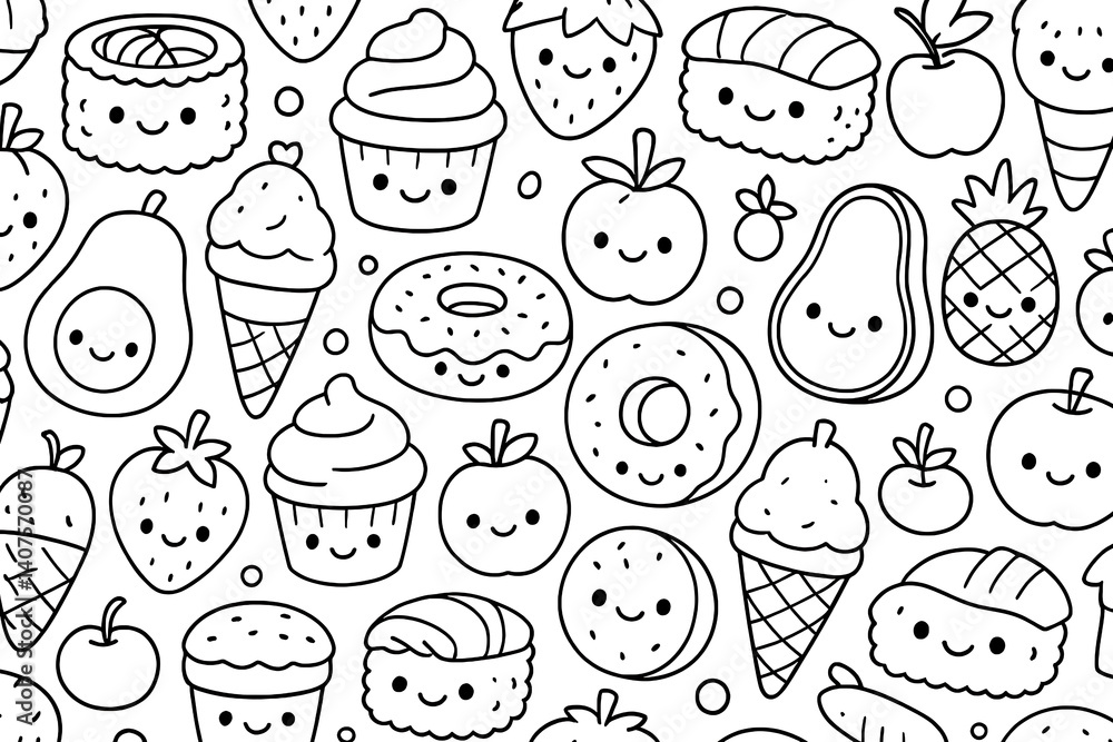 Fototapeta premium Cute Kawaii Food Pattern Coloring Page - Fun Cartoon Sweets and Snacks