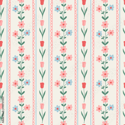 Floral seamless striped pattern with hand drawn beautiful flowers, garden blooming. Spring summer background. Vintage trendy print. Cottage core aesthetic. Vector illustration.