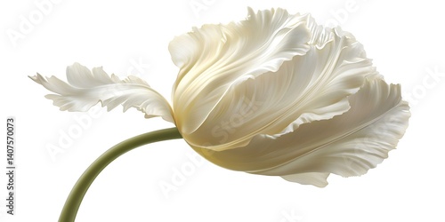 Elegant white tulip blossom on white background, suitable for floral designs and art